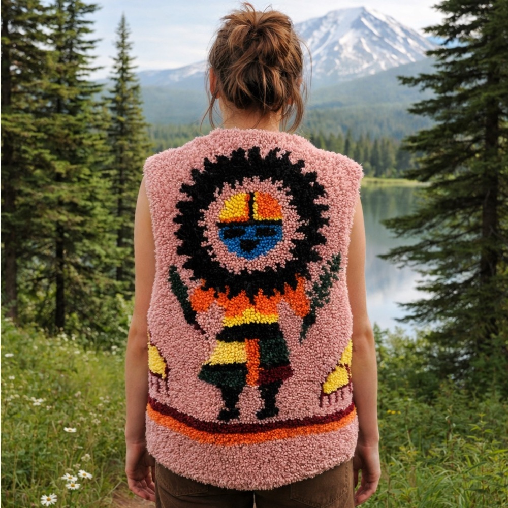 Vintage 1970s Hand-Hooked Kachina Rug Vest | Folk Art Owl “Mongwa” Design